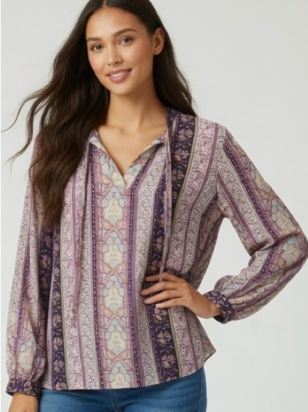 Violet & Claire Patterned Blouse Tie Neck Bohemian Artsy L/S V-Neck  Size Large